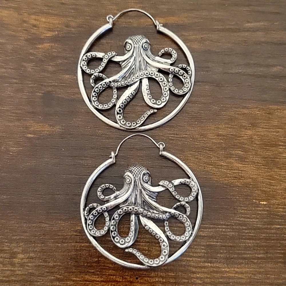 Octopus hoop earrings, safe for stretched ears.